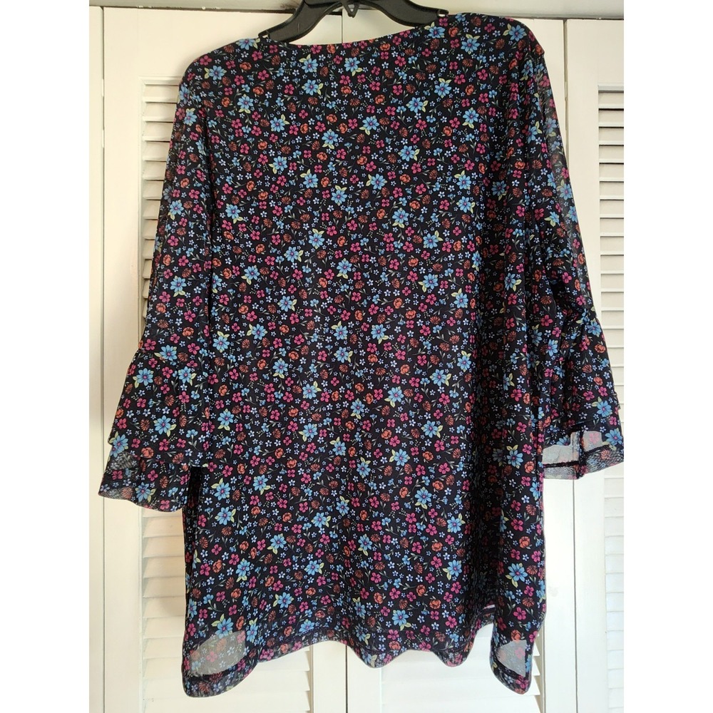 CJ Banks Womens 1X Floral Tassel Tie Blouse Sheer Navy Pink Boho Top 3/4 Sleeve - Picture 5 of 7